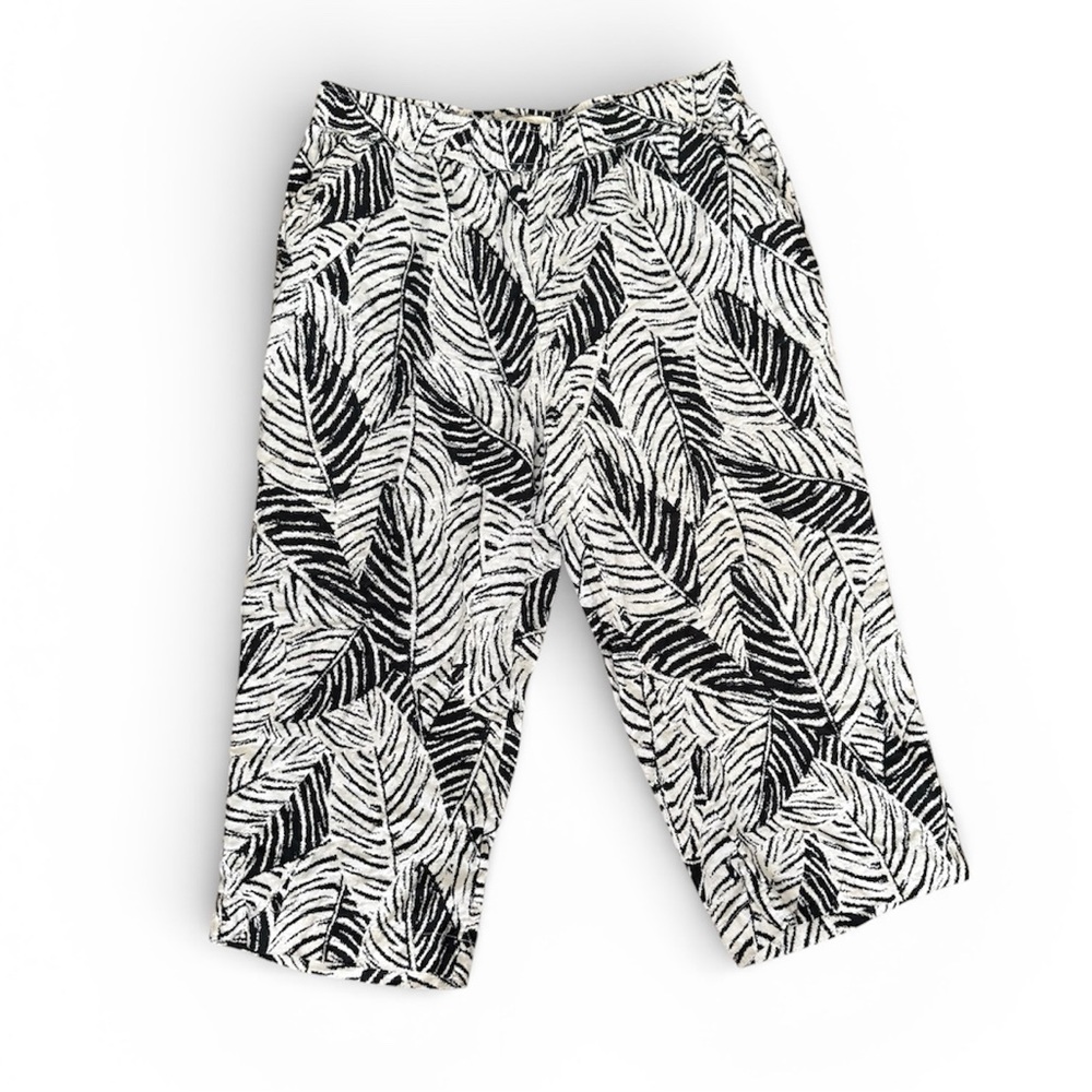 Cynthia Rowley Pants Womens 2X Black White Leaves Linen Wide Leg Pull On Coastal